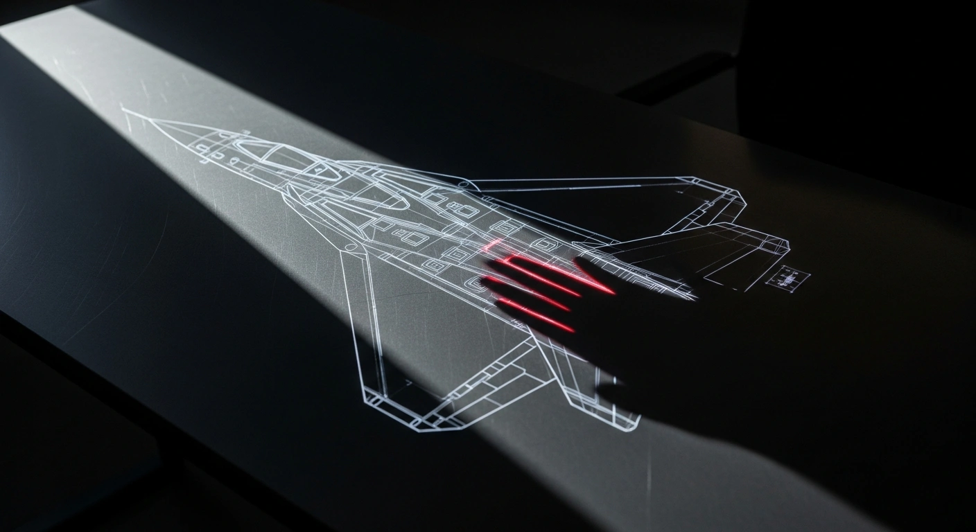 A holographic blueprint of an advanced fighter jet, symbolizing the Global Combat Air Programme (GCAP), is projected onto a dark table, with a significant portion shrouded in deep shadow and a subtle red glow, visually representing the UK's criticized reluctance to share advanced technology that could undermine the project and benefit adversaries.