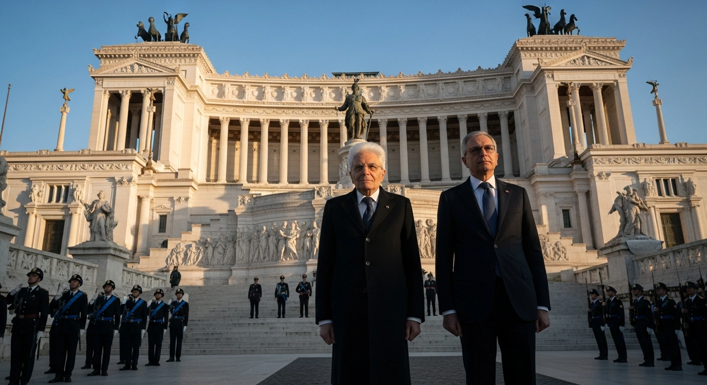 President Sergio Mattarella and Prime Minister Giorgia Meloni stand solemnly before the Altare della Patria in Rome, illuminated by golden hour light, with a military honor guard present during Italy's National Unity and Armed Forces Day commemorations.