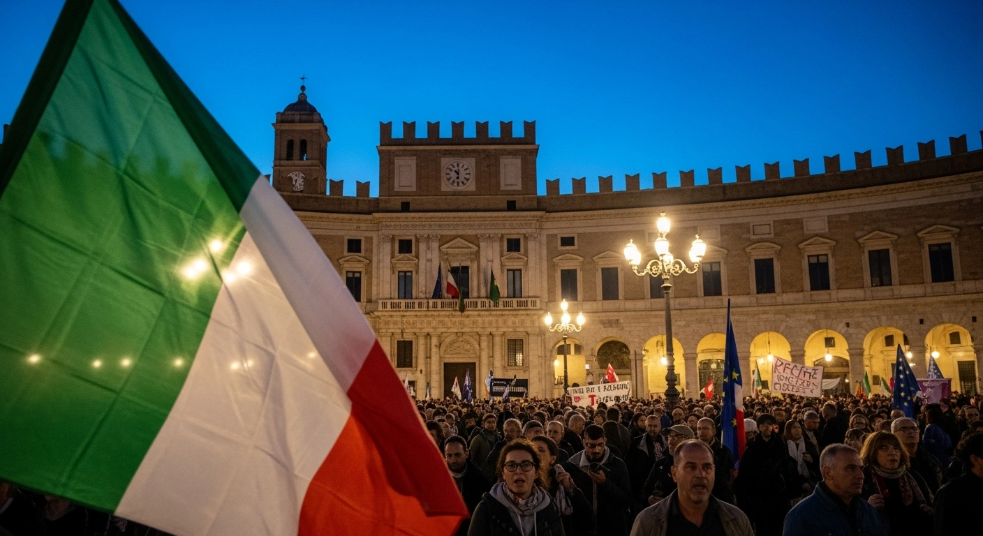 A large public protest in an Italian piazza features numerous individuals demonstrating against recent US actions in Venezuela, including the capture of President Nicolás Maduro, while an Italian flag waves prominently, symbolizing the nation's complex diplomatic stance.