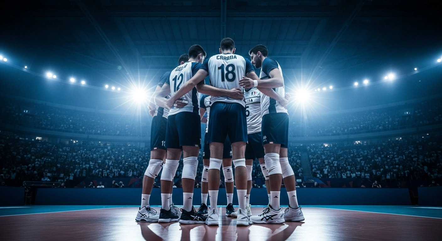 Four Italian national volleyball players stand together on the court as they prepare for the 2026 Volleyball Nations League final phase in Osaka.
