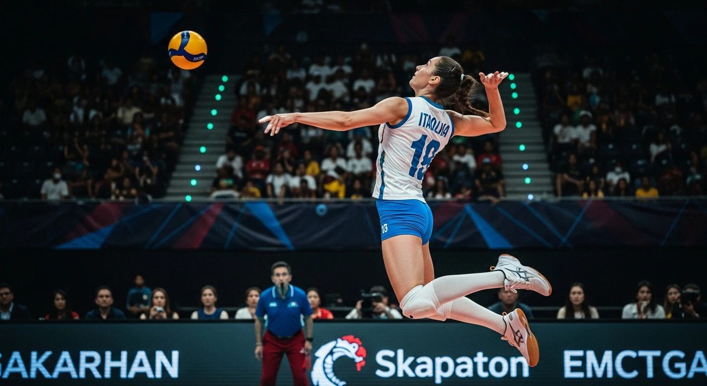 An Italian women's national volleyball player spikes the ball during a competitive match against Serbia at the 2026 Volleyball Nations League in the Philippines.