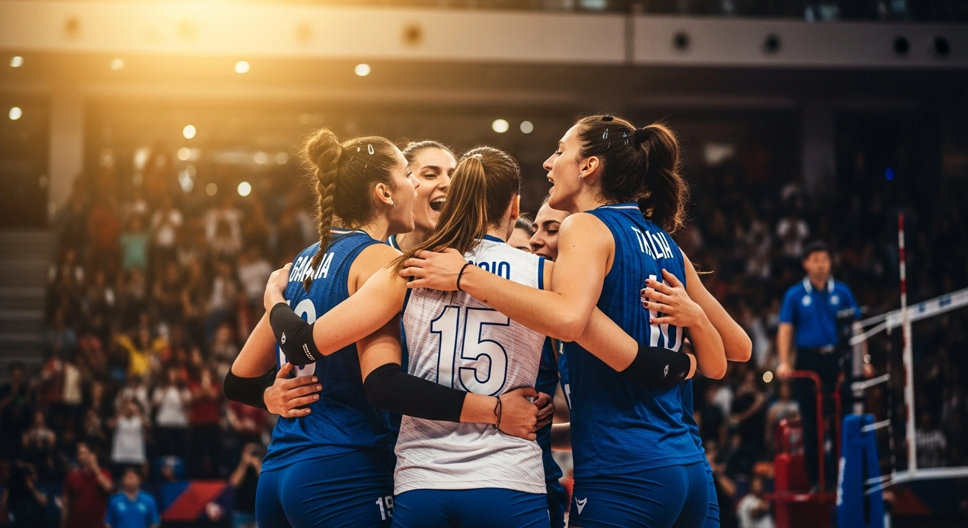 The Italian women's national volleyball team celebrates winning the bronze medal after defeating China at the 2024 Volleyball Nations League finals in Bangkok.