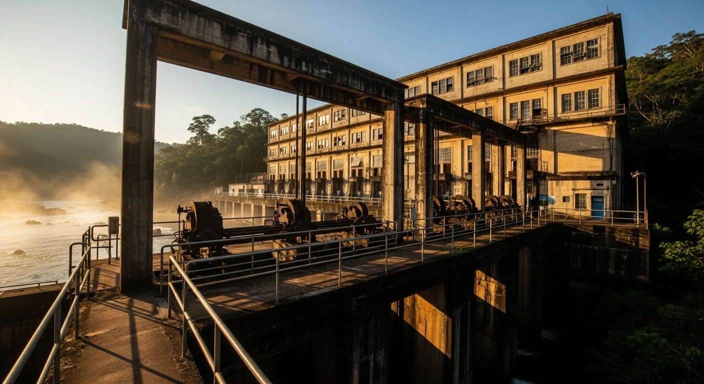 The historic Itatinga hydroelectric power plant complex stands in a Brazilian forest as the Santos Port Authority postpones its revitalization auction.