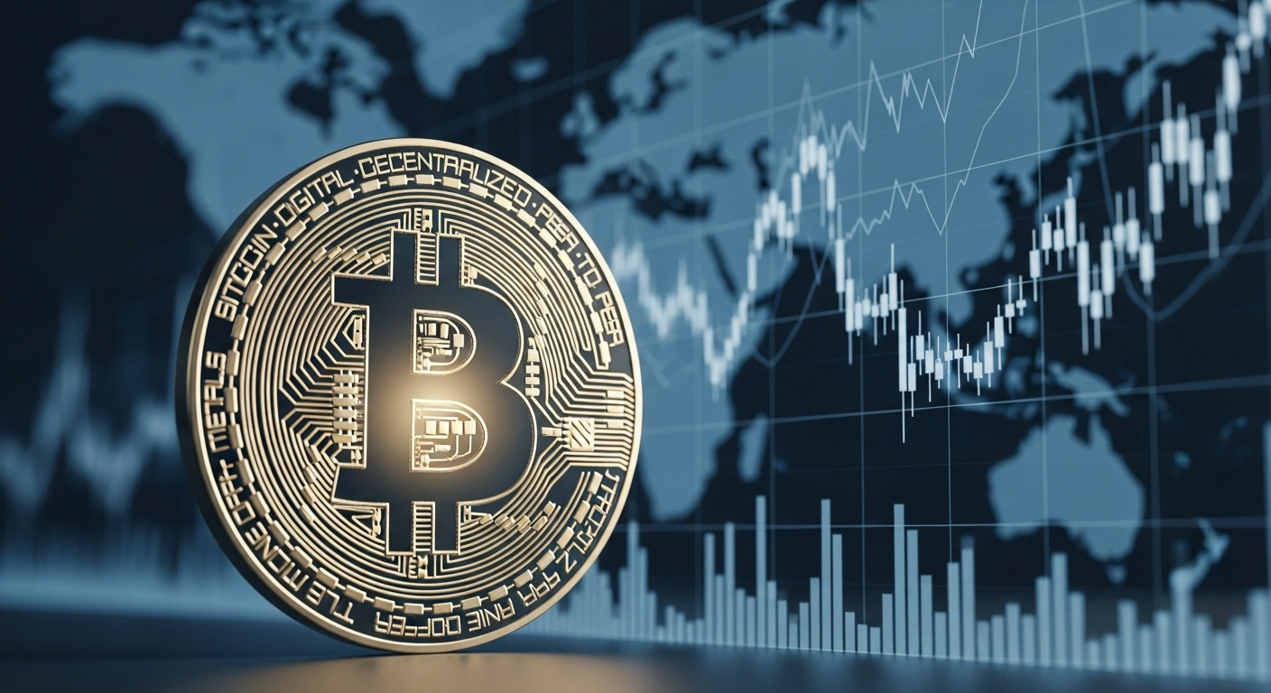A prominent, gleaming Bitcoin symbol is sharply in focus, set against a blurred, abstract background of dynamic financial data streams and fluctuating market graphs, illustrating the concept of Bitcoin as a stable asset for portfolio diversification and a hedge against currency devaluation, as advised by Itaú Unibanco.