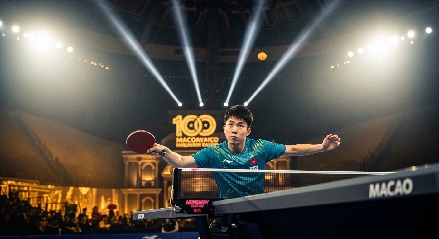 A professional table tennis player competes in an exhibition match during the International Table Tennis Federation centenary celebration in Macao.