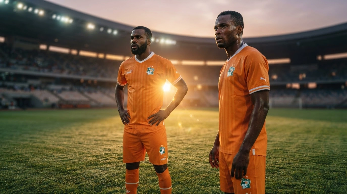 Two Ivorian national football team players stand on a stadium pitch as they prepare for upcoming international matches following roster adjustments.