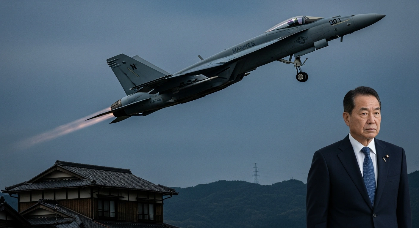 A US Marine Corps F/A-18 Super Hornet jet, with afterburners glowing, flies low over a Japanese residential area at twilight, as Mayor Yoshihiko Fukuda looks up with a resolute expression, symbolizing the renewed protests by Japanese civil officials in Iwakuni against noisy fixed-wing field carrier landing practices (FCLP) at MCAS Iwakuni.