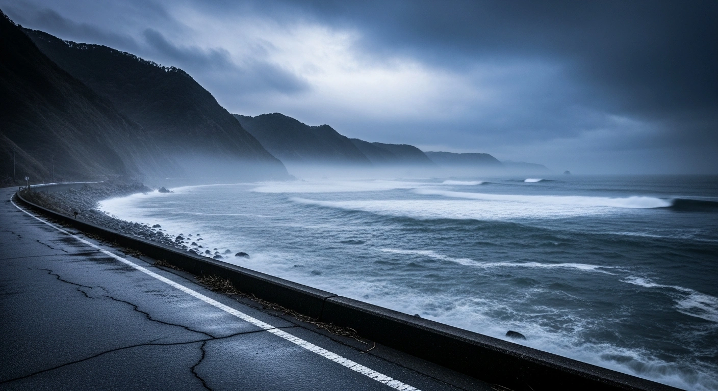 The rugged coastline of Iwate Prefecture in Japan shows signs of disturbance following a 6.9 magnitude earthquake.