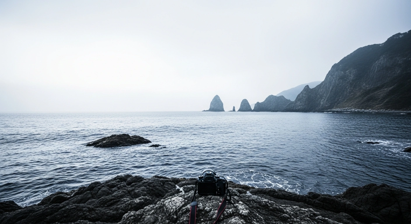 The rugged coastline of Iwate Prefecture in Japan is shown under a cloudy sky following a magnitude 6.1 earthquake.