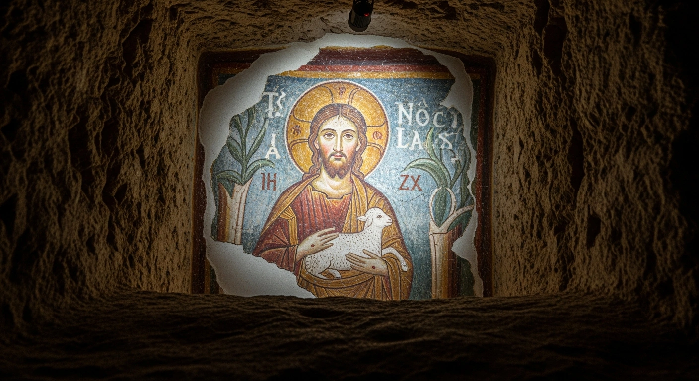 A dramatically lit 3rd-century fresco depicting Jesus as the 'Good Shepherd' is seen on a rough-hewn stone wall inside an underground tomb at the Hisardere Necropolis in Iznik, Turkey, representing a significant find in early Christian art.