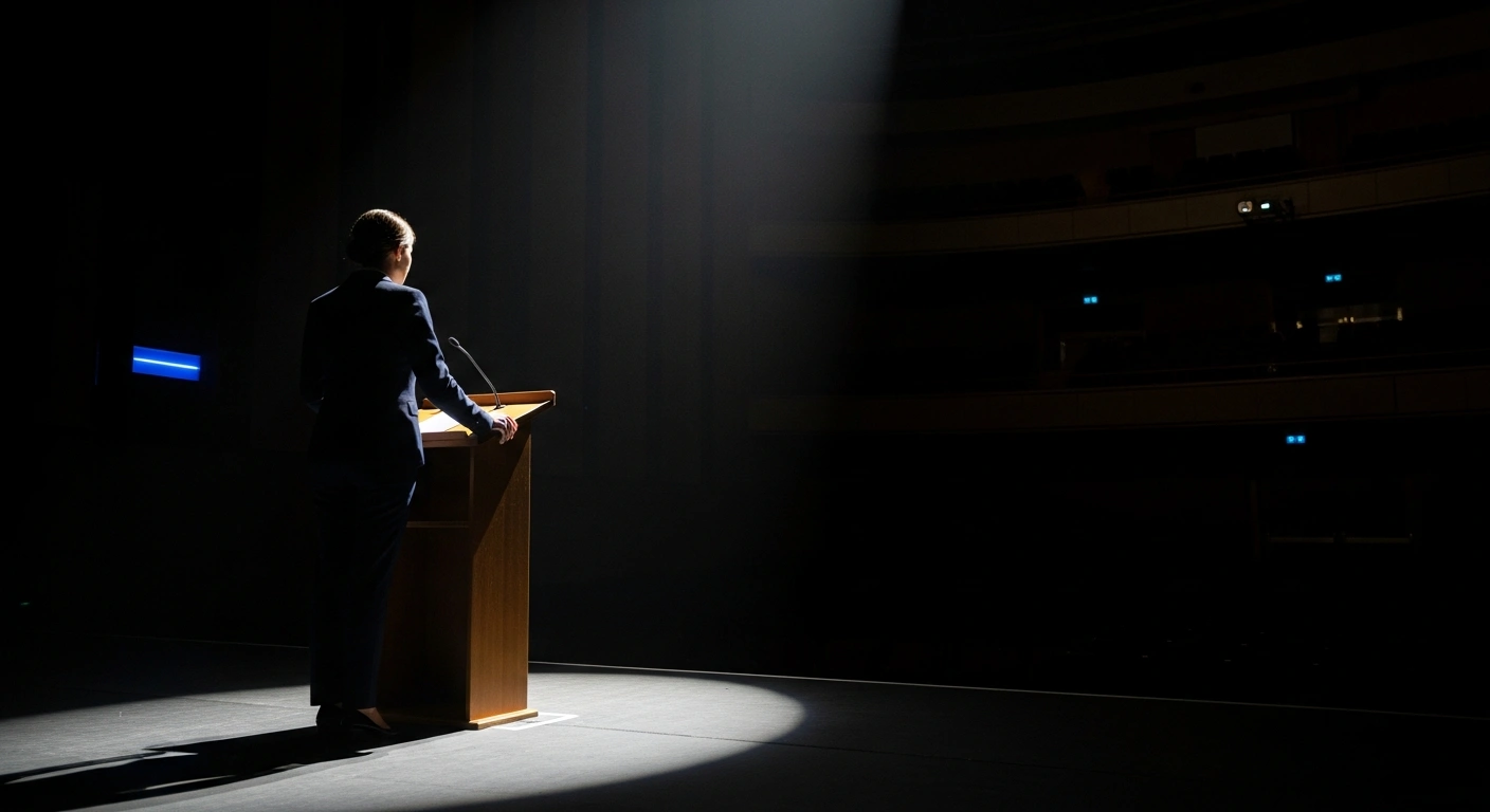 A solitary figure, representing a public speaker, stands on a dimly lit stage with her back partially turned from a harsh spotlight, symbolizing the withdrawal of Senator Jacinta Price from the 'Put Australia First' anti-immigration rallies.