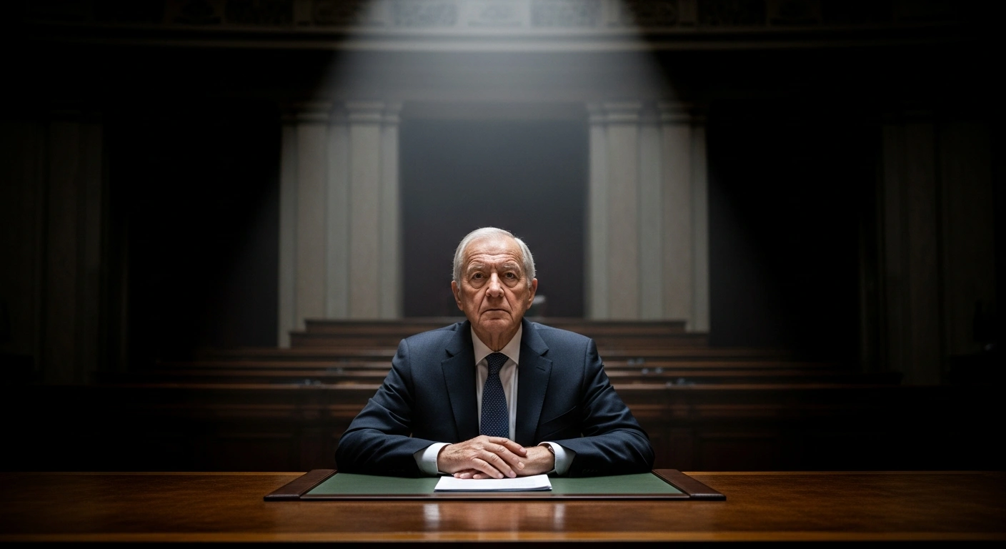 An older, distinguished man, representing former French Culture Minister Jack Lang, sits under a harsh overhead light at a large, polished wooden table in an austere government office, symbolizing his summoning by the Ministry of Foreign Affairs to clarify his connections to Jeffrey Epstein.