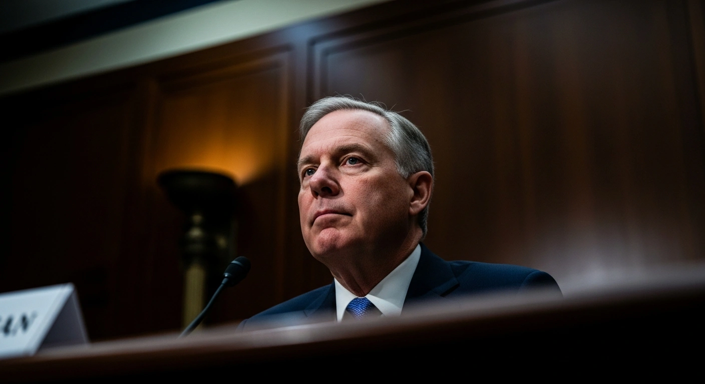 A dramatic, close-up shot of former Special Counsel Jack Smith testifying before the House Judiciary Committee, defending his investigations into former President Donald Trump's handling of classified documents and efforts to overturn the 2020 election.