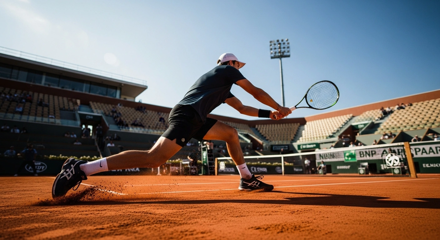 Portuguese tennis player Jaime Faria competes in a high-stakes qualifying match on the red clay courts of Roland Garros against Denis Shapovalov.