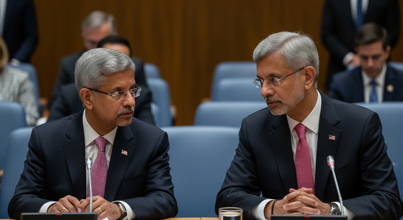 External Affairs Minister S. Jaishankar and US Secretary of State Marco Rubio are depicted in a formal, intense discussion within a grand conference room at the UN General Assembly in New York, symbolizing their bilateral cooperation on trade, defense, and energy amidst ongoing US tariffs on Indian exports.