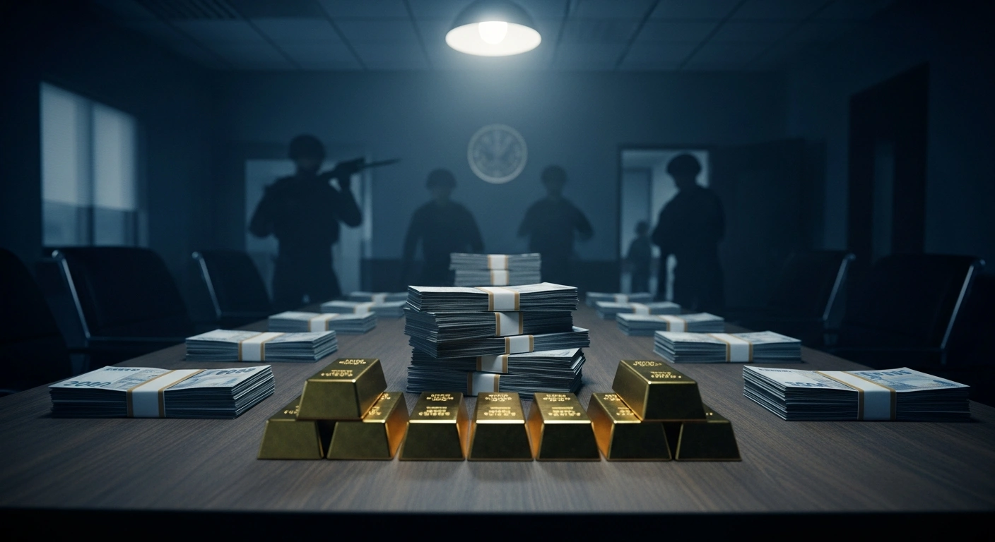 Indonesian authorities inspect piles of seized gold bars and stacks of cash during a corruption investigation in Jakarta.