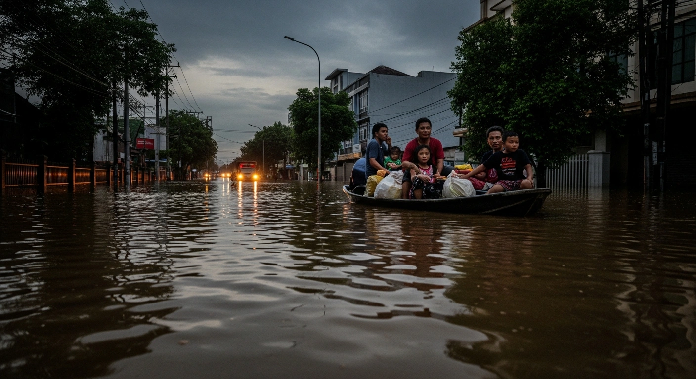 A wide, low-angle shot shows a heavily flooded street in Jakarta at dusk, with a makeshift boat carrying a displaced family past partially submerged buildings, reflecting the ongoing heavy rainfall and relief efforts, as authorities warn of continued moderate to heavy rains.