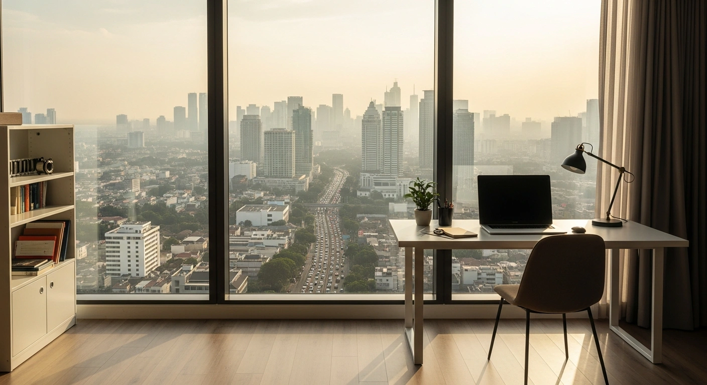 A modern home office overlooking the Jakarta skyline during sunset to represent the Indonesian government's remote work initiative for civil servants.
