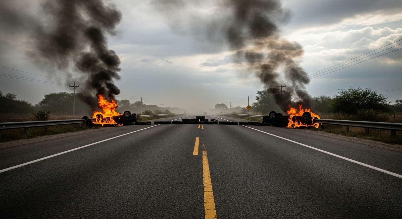 A desolate highway in rural Mexico is blocked by barricades of burning tires and overturned vehicles under an overcast sky, illustrating the widespread unrest and security alerts in states like Jalisco and Nayarit after the killing of cartel leader 'El Mencho' in a military operation.