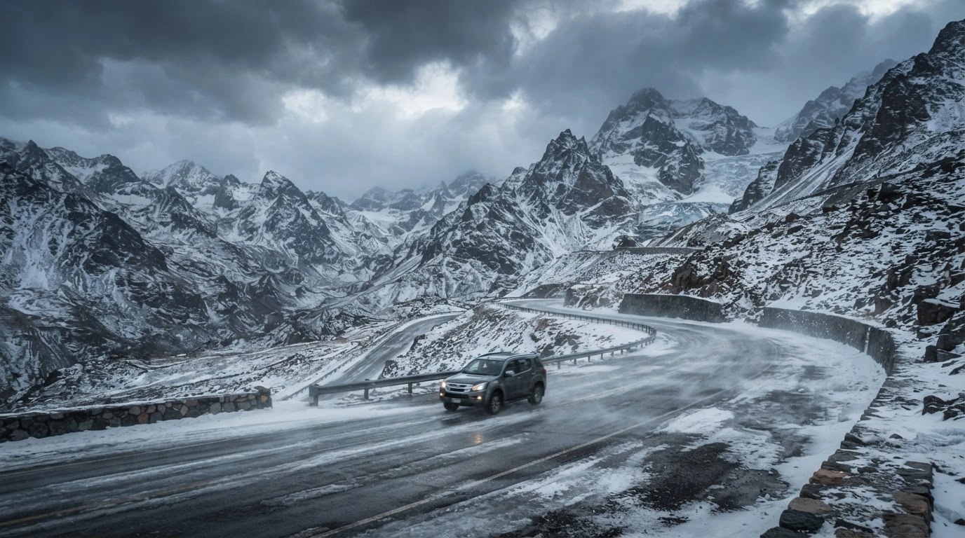 A vehicle drives carefully along the icy and wind-swept Jama International Pass mountain road connecting Argentina and Chile.