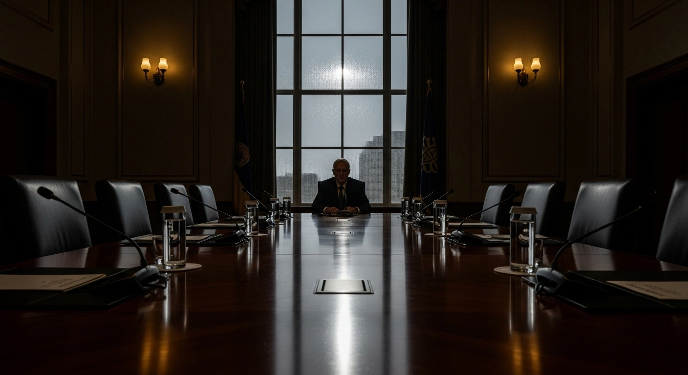 A somber, dimly lit boardroom with a central bank governor silhouetted against a rain-streaked window, representing the Bank of Jamaica's decision to maintain its 5.75% policy interest rate amidst inflation risks and economic contraction following Hurricane Melissa's devastation.