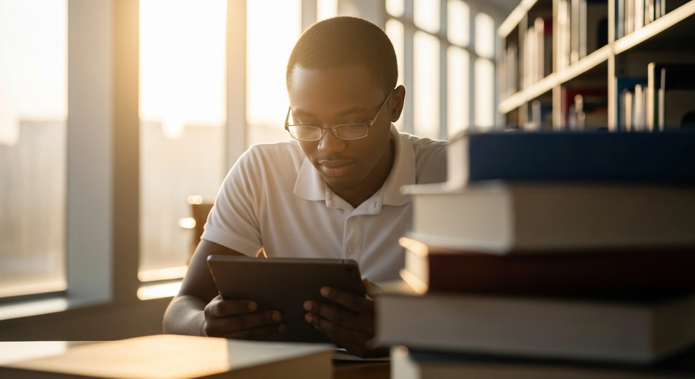 A Nigerian student looks at a digital tablet with a relieved expression after the release of the 2026 JAMB UTME mop-up examination results.