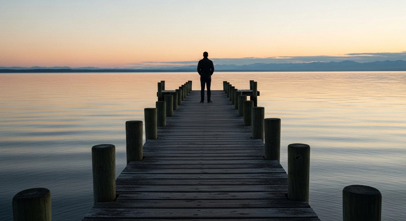 A solitary figure stands on a wooden pier at dusk, gazing at a calm body of water, symbolizing the peaceful passing of actor James Van Der Beek, known for his role as Dawson Leery in 'Dawson's Creek,' at age 48 after a battle with colorectal cancer.