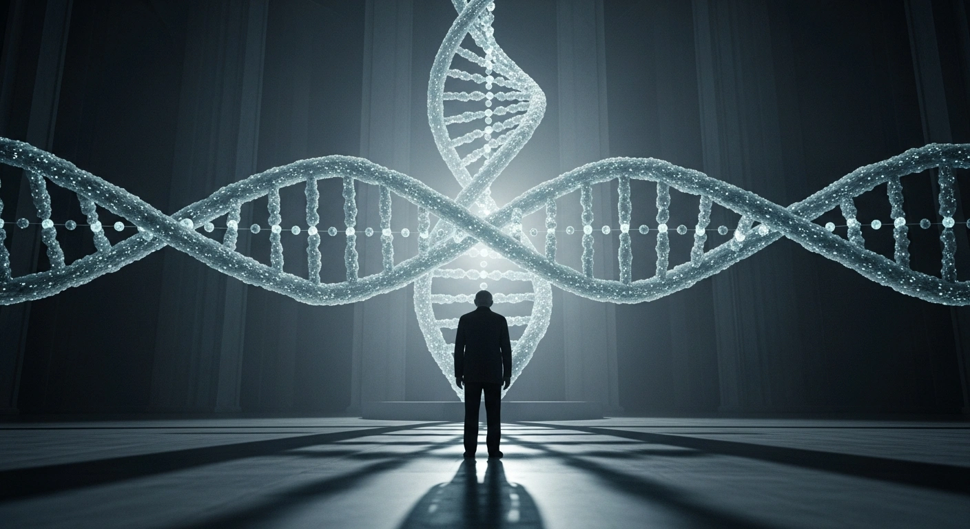 An aged, silhouetted figure stands before a colossal, glowing double helix structure in a dimly lit, cathedral-like space, symbolizing James Watson's co-discovery of DNA and the complex legacy of his life, including later controversies.