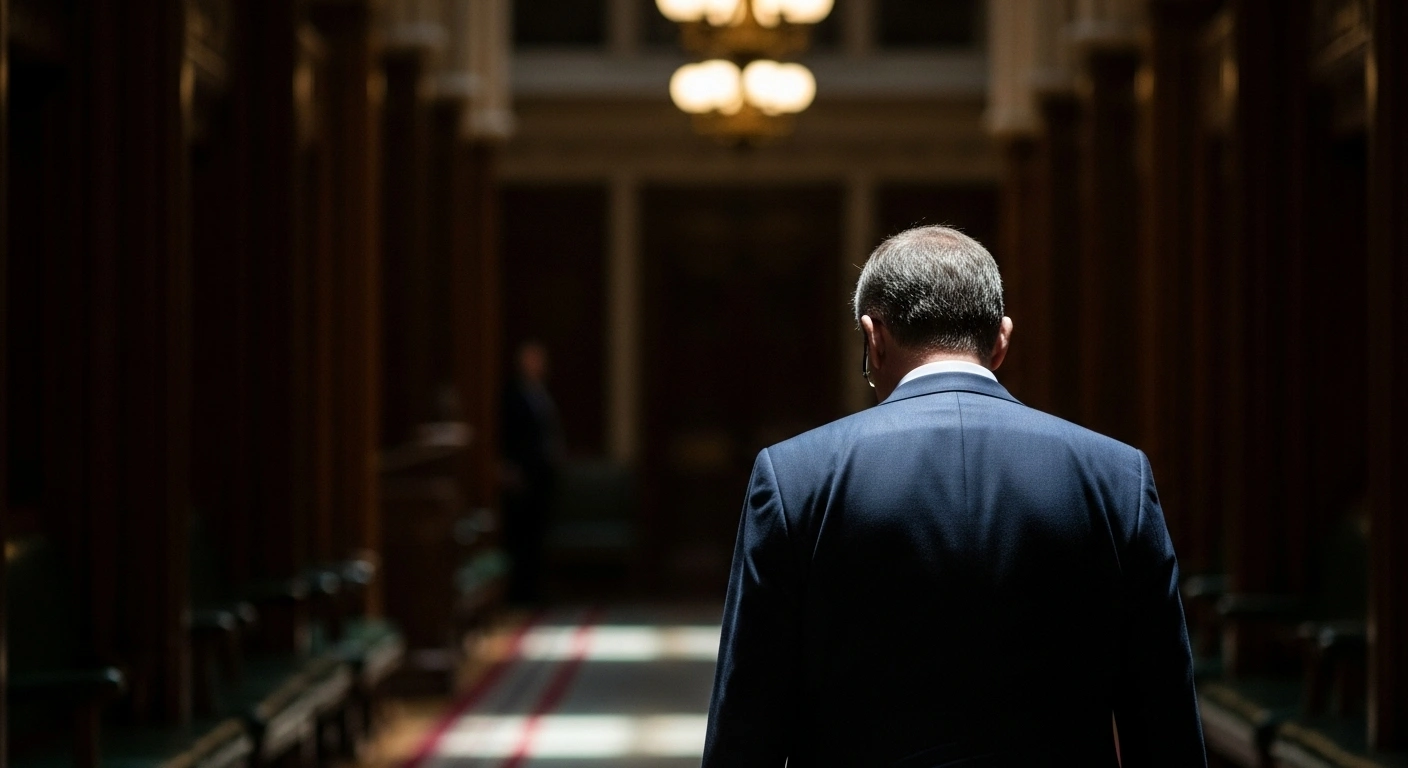 A solitary male figure, representing Scottish Minister Jamie Hepburn, walks away from a dimly lit parliamentary corridor, symbolizing his resignation following accusations of assault and verbal abuse by former Scottish Conservative leader Douglas Ross.