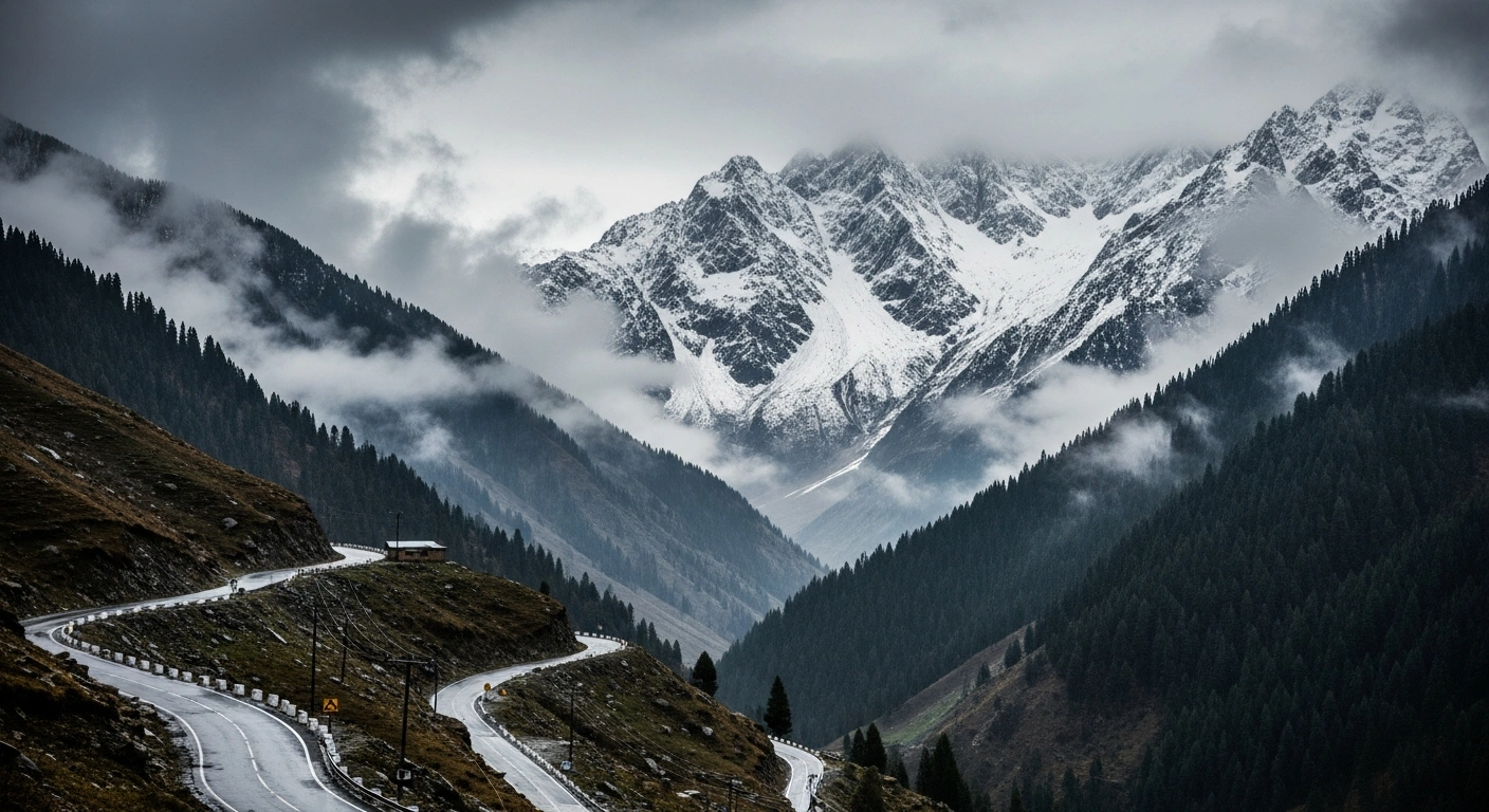A dramatic landscape view shows rain-soaked valleys and snow-covered mountain peaks in Jammu and Kashmir following a significant weather shift.