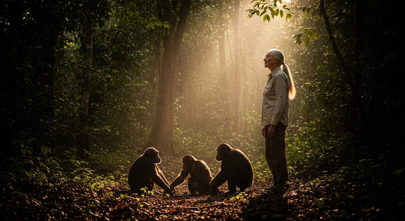 A photorealistic image shows an older Dame Jane Goodall, silhouetted and backlit, observing a family of chimpanzees in a lush, sun-dappled Tanzanian forest, symbolizing her groundbreaking primatology and conservation legacy.