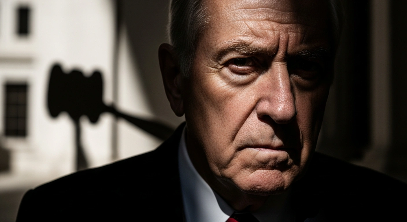 A close-up, low-angle shot of an older man with a weary and defiant expression, dramatically lit with harsh shadows, symbolizing Ljubljana Mayor Zoran Janković facing a judicial investigation for allegations including illegal mediation and bribery.