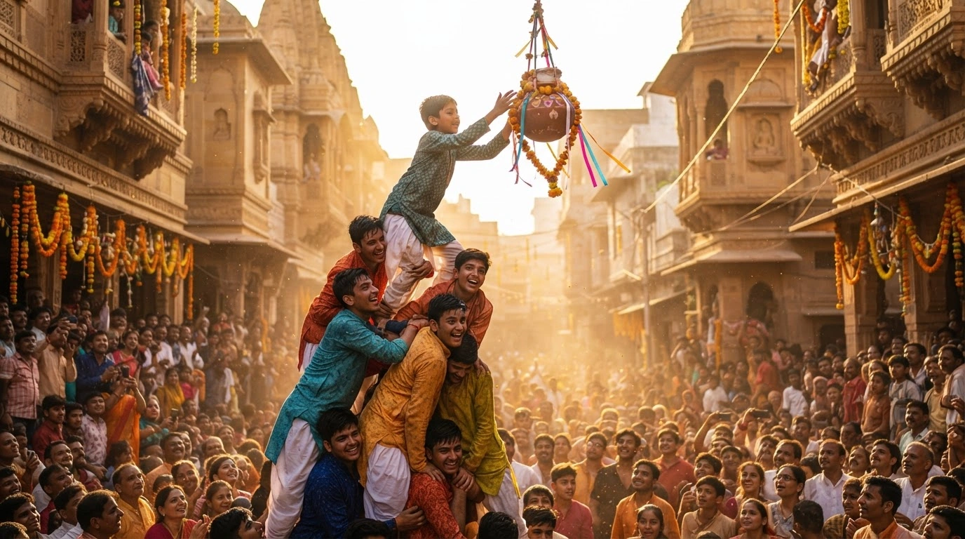 Devotees in India form a human pyramid to reach a hanging clay pot during the traditional Dahi Handi competition for the Janmashtami festival.