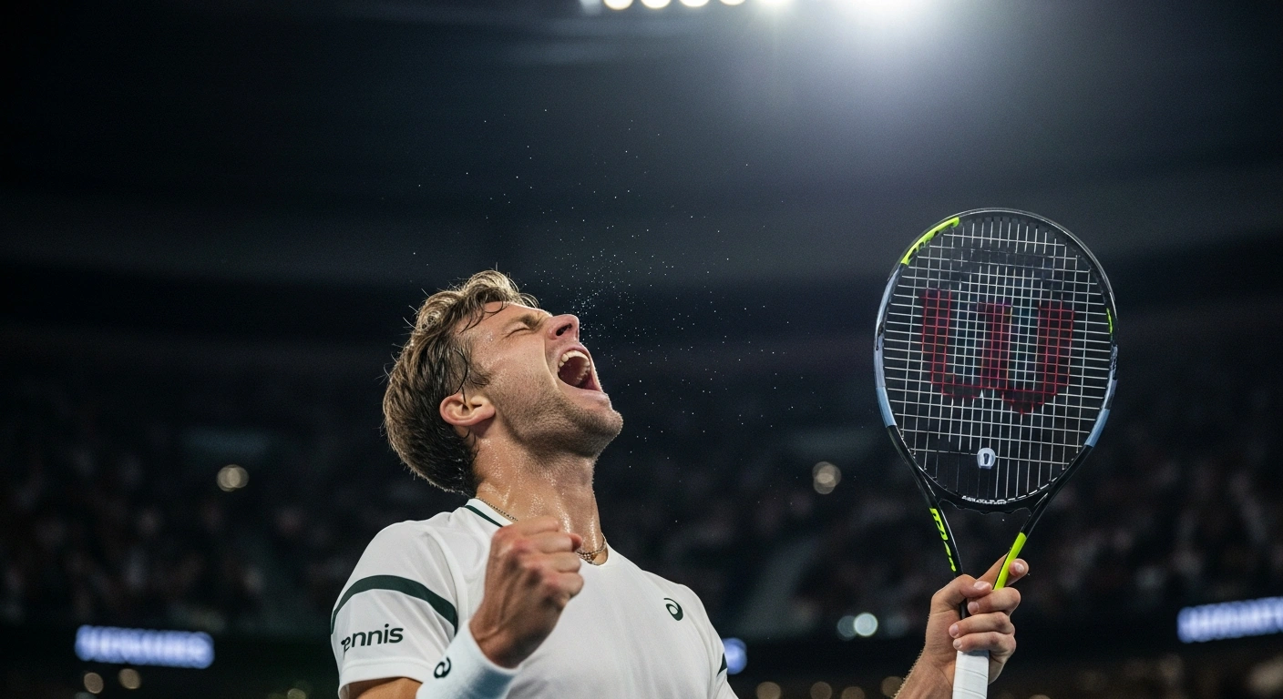 Jannik Sinner celebrates his victory on a tennis court in Turin, holding his racket high with a triumphant expression, illuminated by bright stadium lights and a blurred crowd in the background.