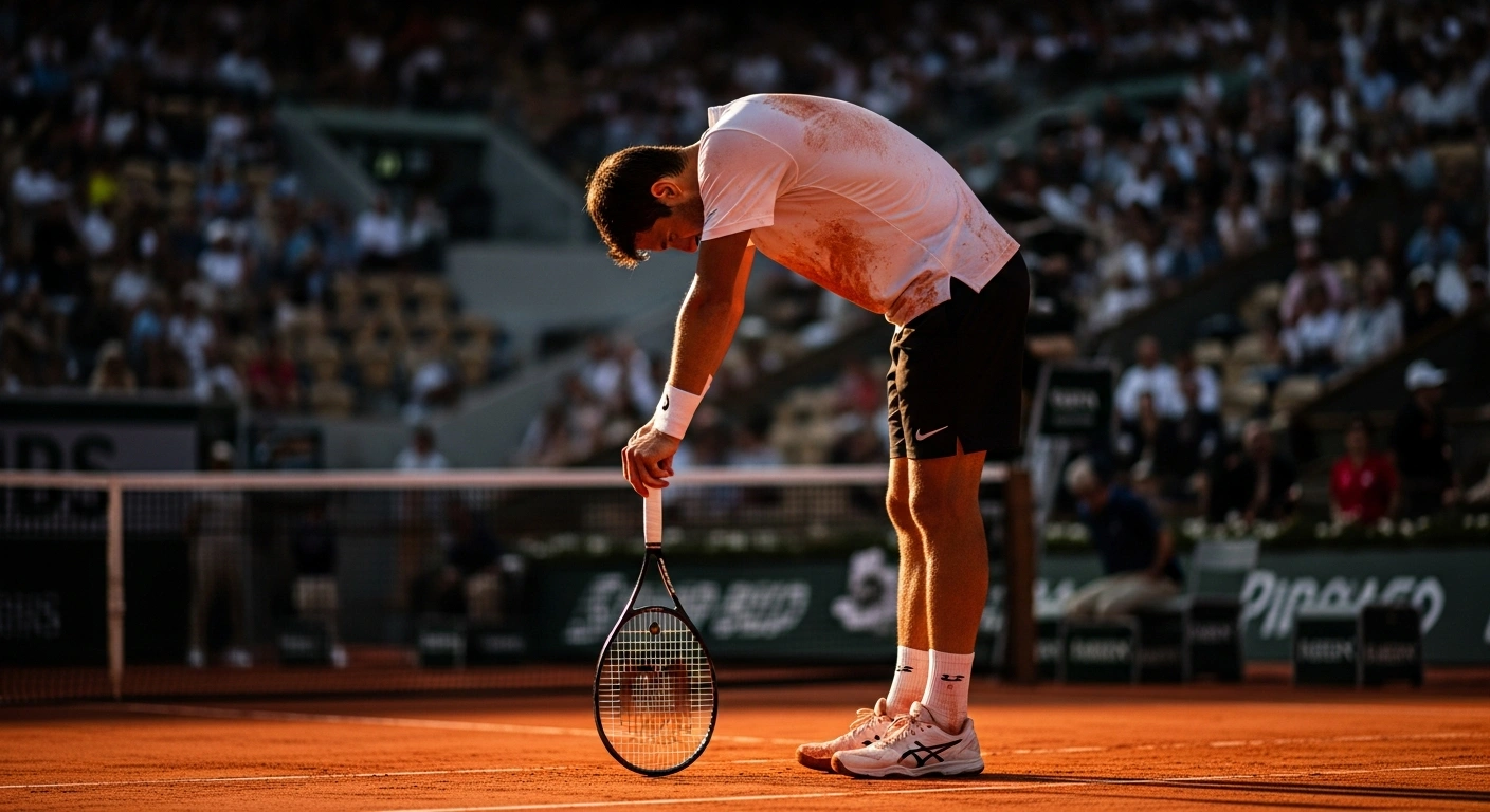 Jannik Sinner stands exhausted on the red clay court at Roland Garros after his semifinal match against Carlos Alcaraz.