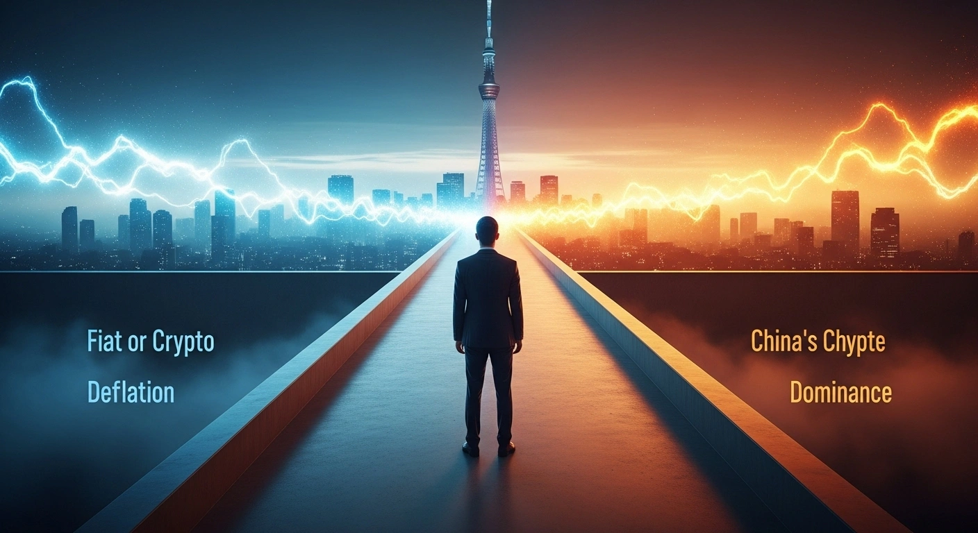 Japan's Finance Minister Katsunobu Kato stands at a symbolic crossroads, with one path representing deflation and the other inflation, contemplating the future of Abenomics and economic policy reevaluation amidst market uncertainty.