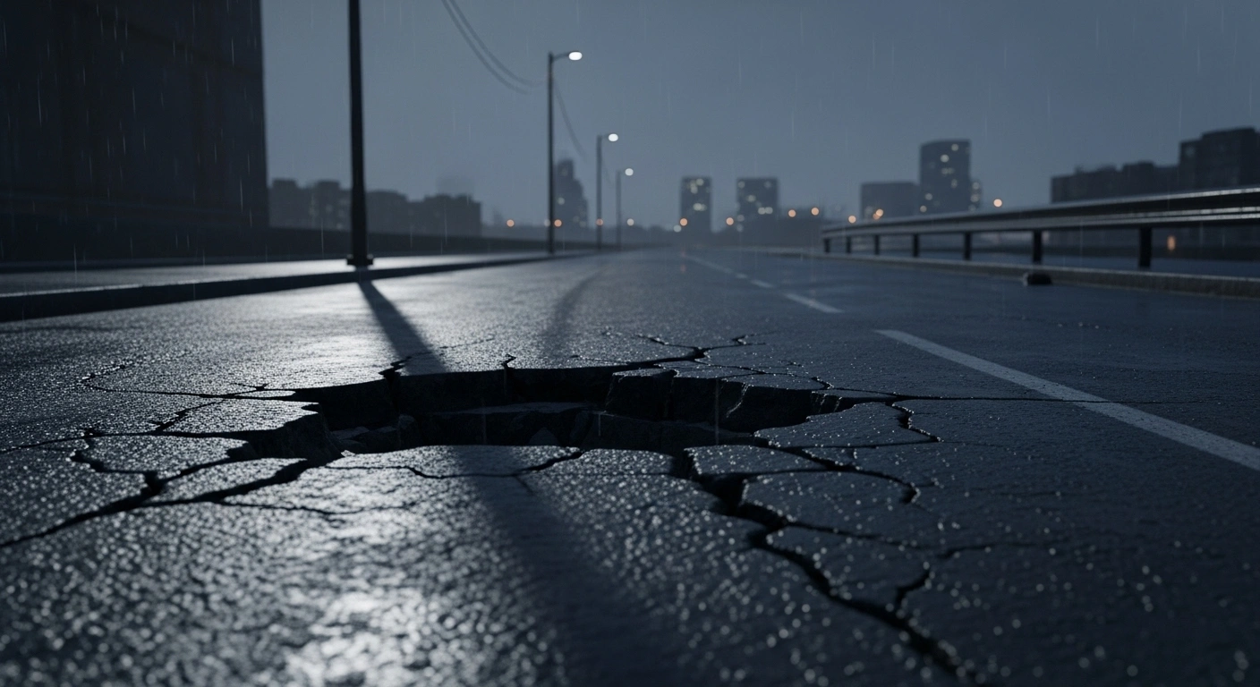 A cracked asphalt road in an urban setting, illuminated by a utility light, symbolizes the urgent need for repair of Japan's aging sewer pipes and infrastructure to prevent road collapses and sinkholes.