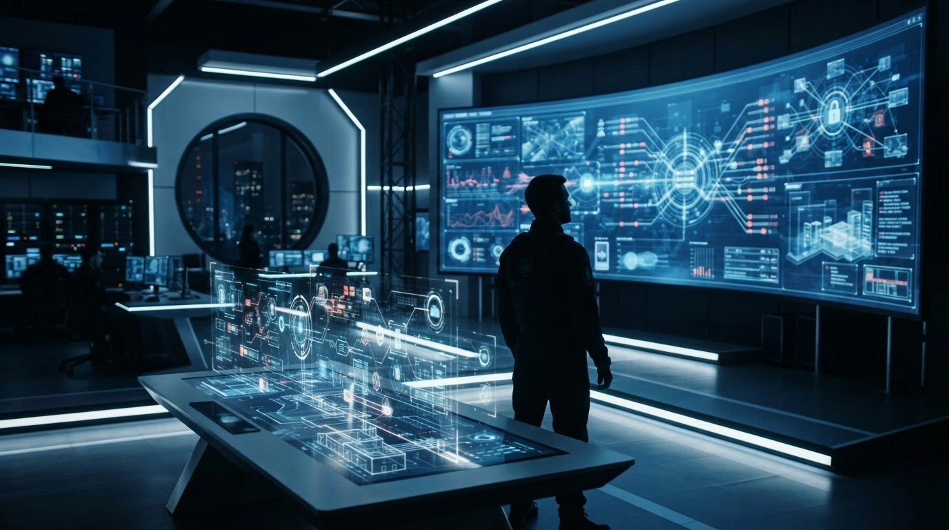 A cybersecurity analyst monitors a holographic display of digital network simulations in a high-tech Japanese government command center.