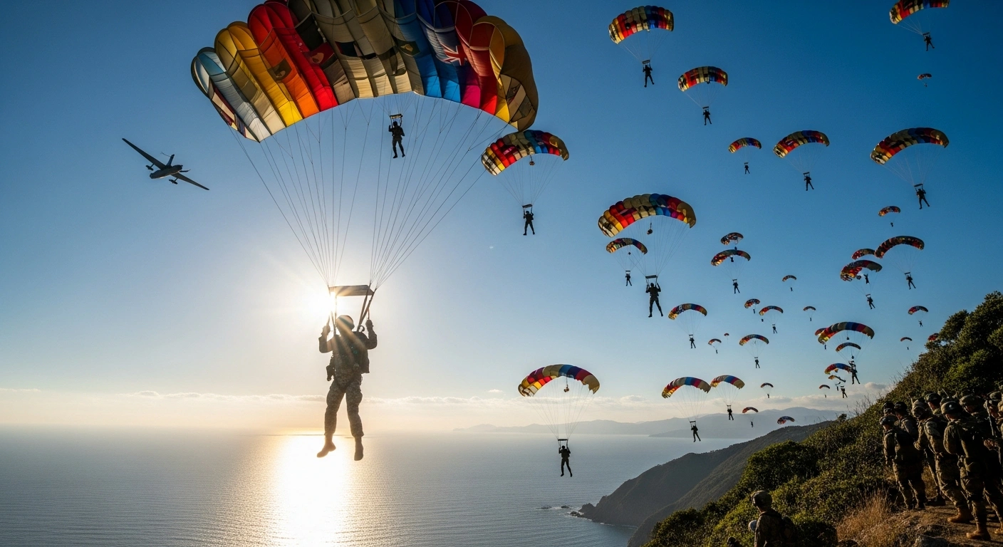 A wide-angle, low-perspective shot captures dozens of paratroopers from multiple nations descending under colorful parachutes over a rugged coastline during a multinational island defense training exercise, bathed in golden hour light.