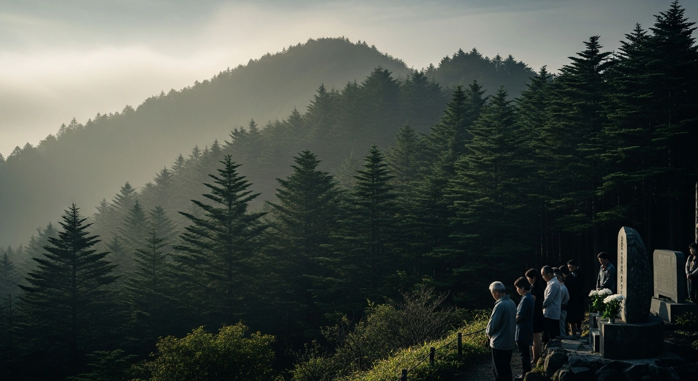 Mourners gather at a memorial site in the mountains of Gunma Prefecture to commemorate the victims of the 1985 Japan Airlines Flight 123 crash.
