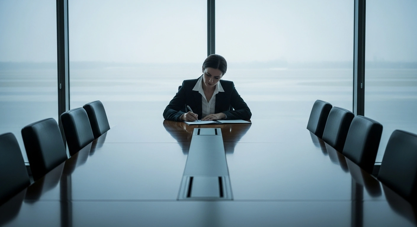 A solemn executive sits at a long, polished boardroom table, signing a document under cool, diffused light, with a blurred airport runway visible in the background, symbolizing Japan Airlines' executive pay cuts following a pilot's alcohol-related flight delays.