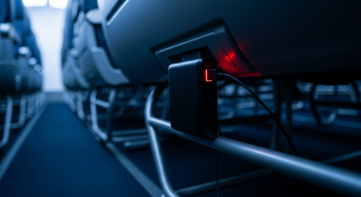 A power bank, emitting a subtle red glow, is plugged into an under-seat outlet in a dimly lit airplane cabin, illustrating the safety concerns over lithium-ion battery fires that prompted Japan's Ministry of Land, Infrastructure, Transport and Tourism to ban power banks on airplanes.