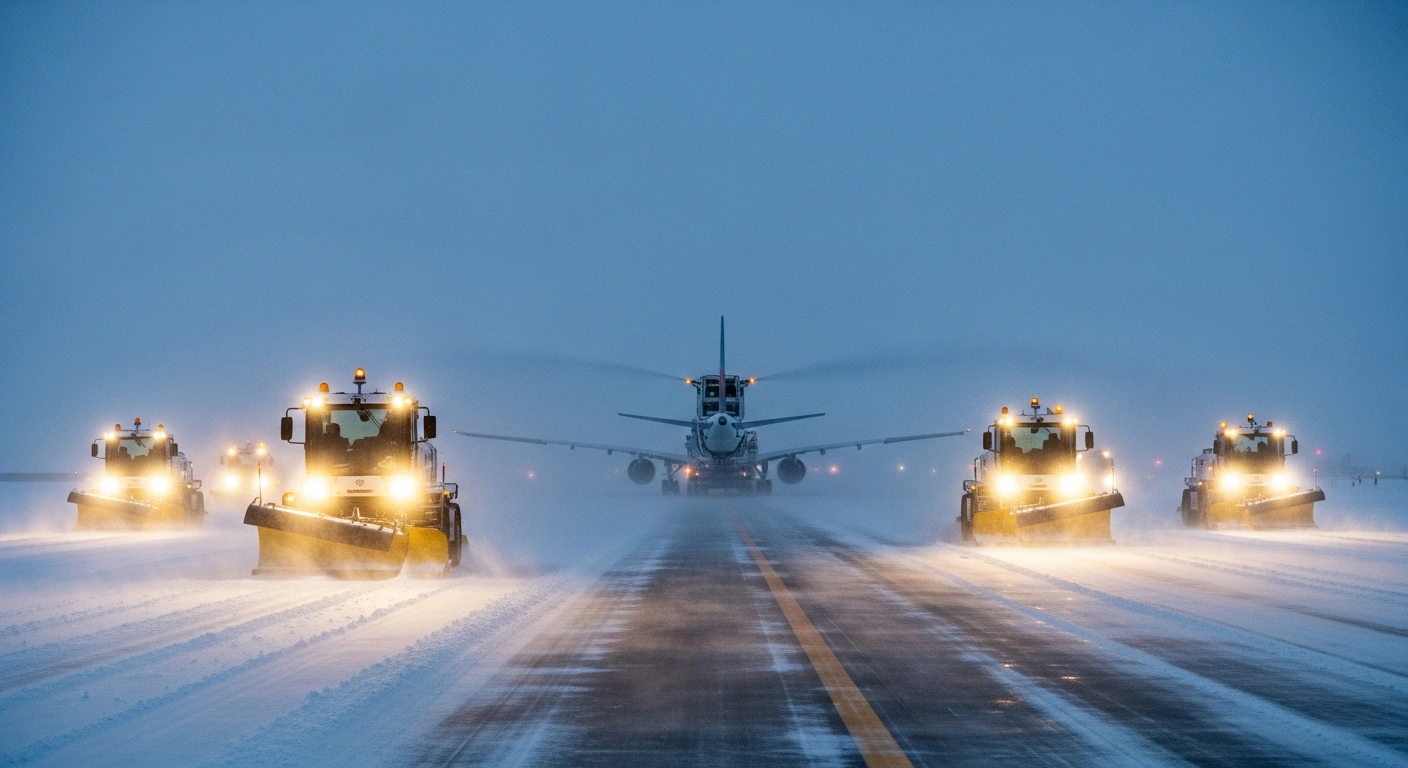 Autonomous snowplows and de-icing vehicles efficiently clear a snow-covered runway at a Japanese airport, showcasing advanced snow removal equipment funded by Japan's transport ministry to prevent flight disruptions in regions like Hokkaido.