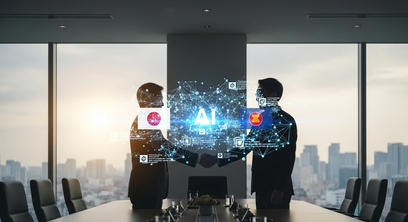 A wide, low-angle shot depicts two figures, representing Japan and ASEAN digital ministers, shaking hands in a modern conference room in Hanoi, Vietnam, with a holographic projection of AI neural networks between them, symbolizing their agreement on AI development and legal frameworks.