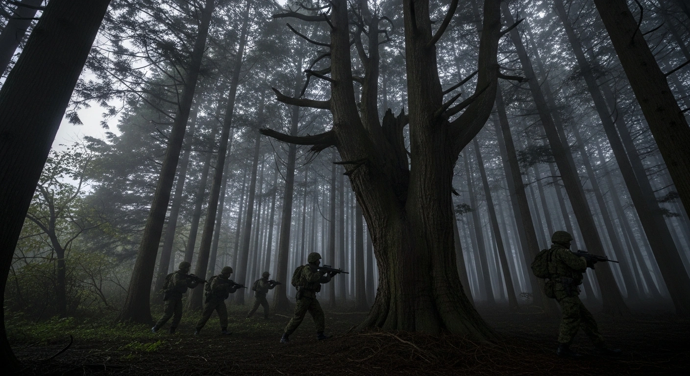 A Japan Self-Defense Force patrol, equipped with modern gear, moves cautiously through a dense, mist-shrouded cedar forest in rural Akita at dusk, symbolizing their deployment to northern prefectures to assist with countermeasures against a surge in bear attacks in Japan.