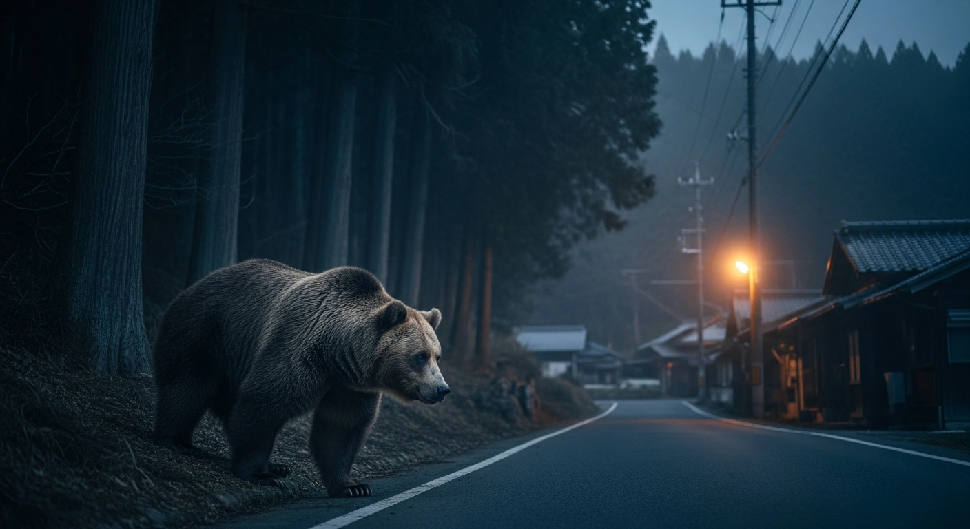 A large wild bear walks near the edge of a rural Japanese village as food shortages force animals into populated areas.