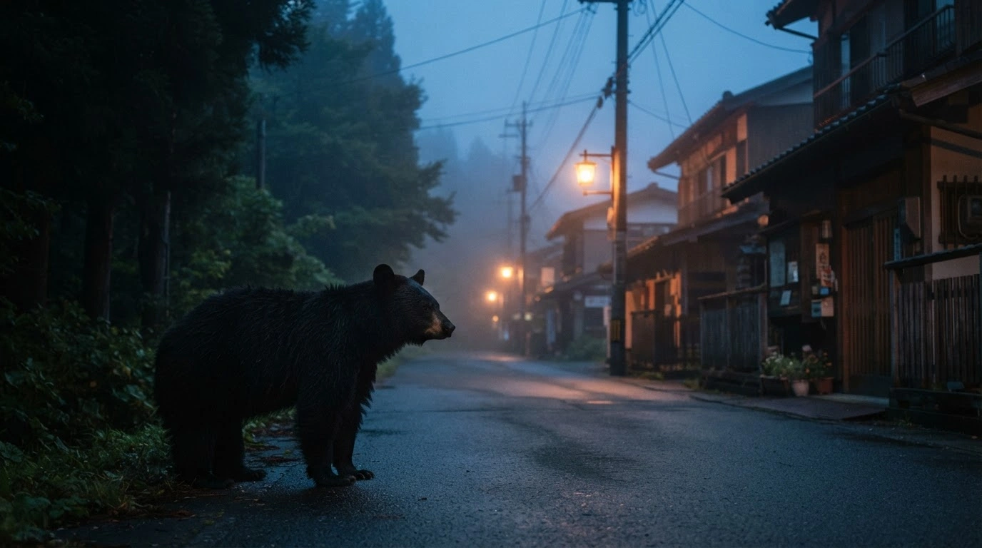 A black bear stands on a residential street in Japan as human-wildlife encounters increase in urban areas.