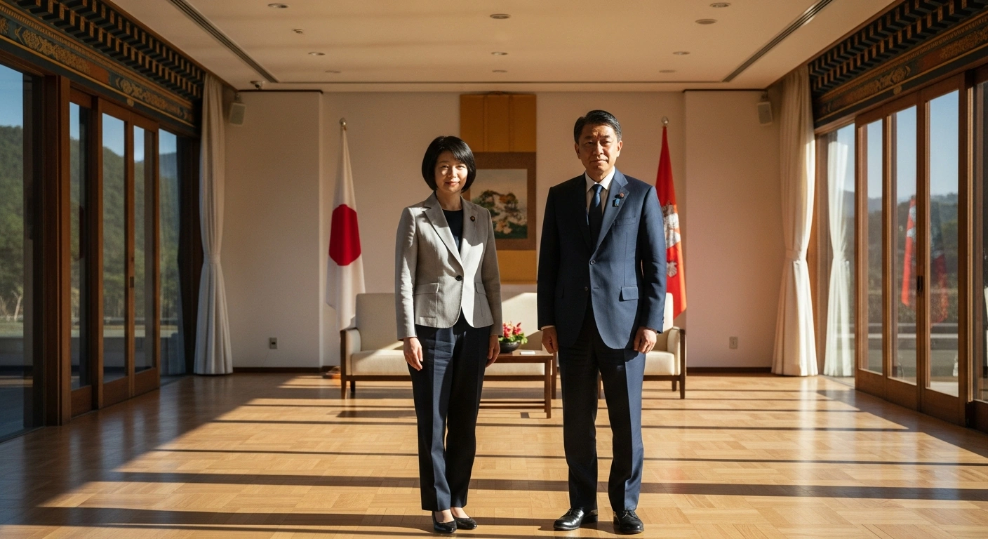 Japanese Prime Minister Sanae Takaichi and Bhutanese Prime Minister Tshering Tobgay stand together during a formal diplomatic meeting to discuss international cooperation.