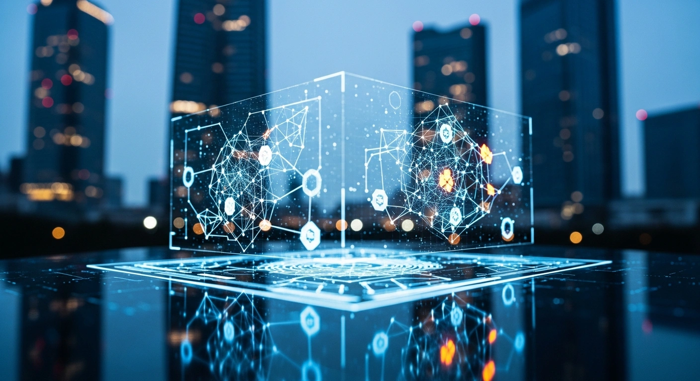 A futuristic digital representation of Japanese financial institutions issuing government bonds as digital securities on a blockchain network.
