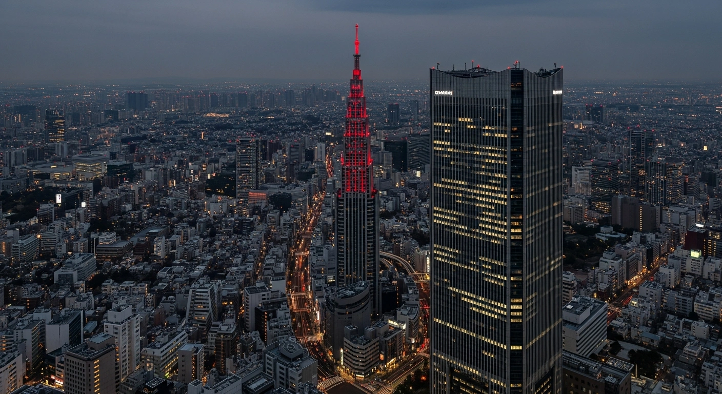 A high-angle view of a modern Tokyo financial district at dusk, featuring a skyscraper with an upward-streaking red light, symbolizing Japan's 10-year government bond yield hitting its highest level since 1999 due to Bank of Japan interest rate hike expectations and government fiscal spending concerns under Prime Minister Sanae Takaichi.